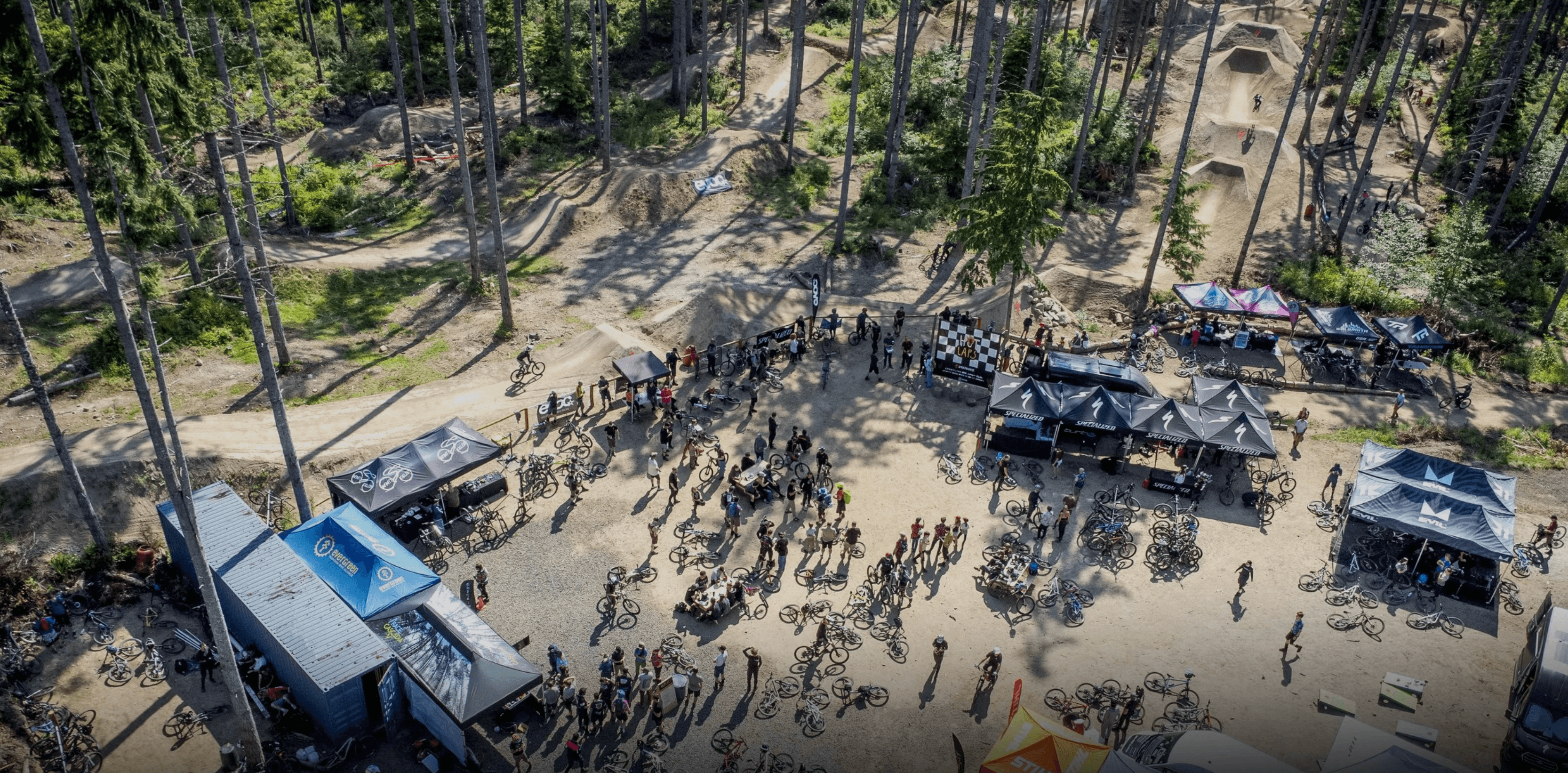 Aerial view of riders at Port Gamble Wednesday Night Ride